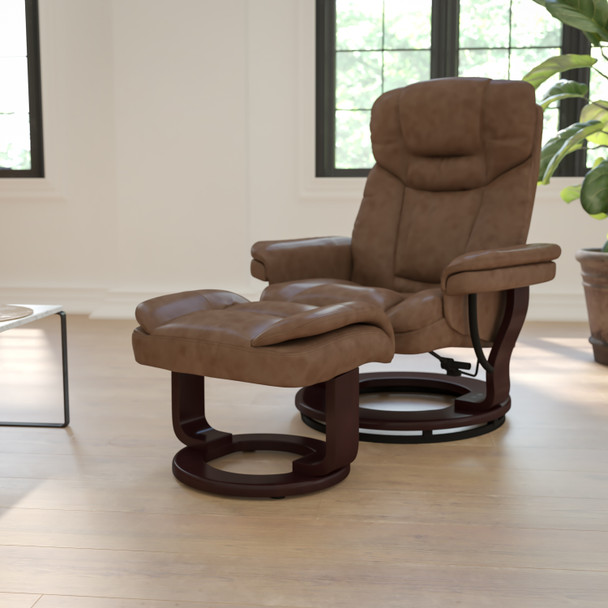 Allie Contemporary Multi-Position Recliner and Curved Ottoman with Swivel Mahogany Wood Base in Palimino LeatherSoft