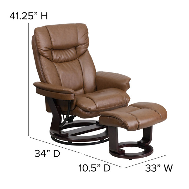 Allie Contemporary Multi-Position Recliner and Curved Ottoman with Swivel Mahogany Wood Base in Palimino LeatherSoft