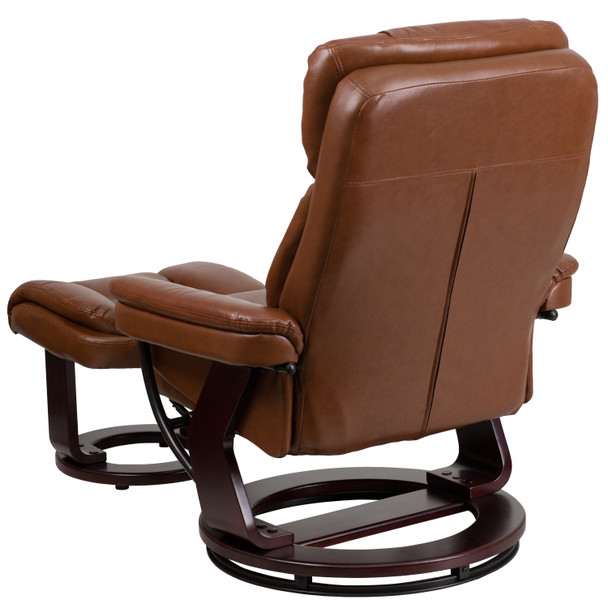Allie Contemporary Multi-Position Recliner and Curved Ottoman with Swivel Mahogany Wood Base in Brown Vintage LeatherSoft