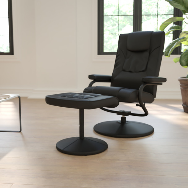 Rachel Contemporary Multi-Position Recliner and Ottoman with Wrapped Base in Black LeatherSoft