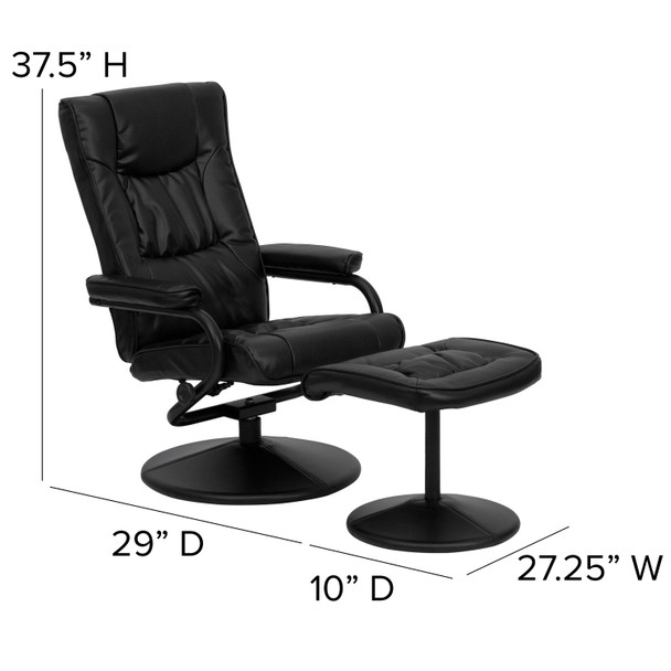 Rachel Contemporary Multi-Position Recliner and Ottoman with Wrapped Base in Black LeatherSoft