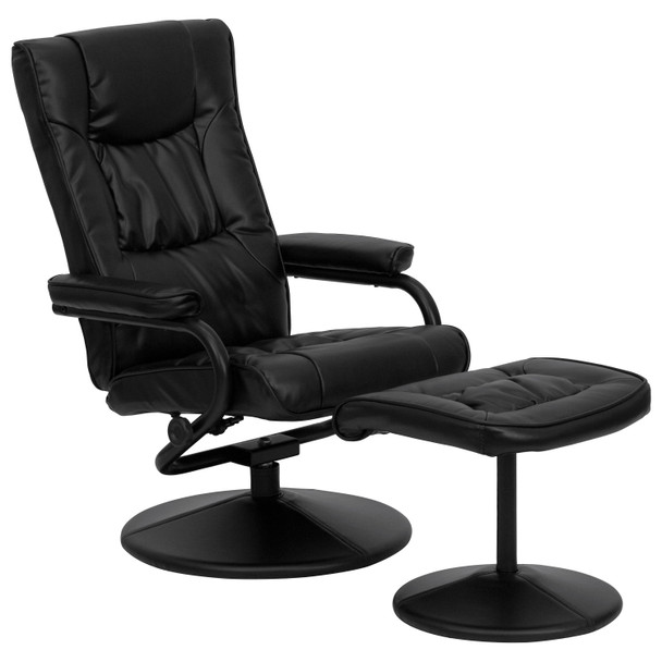 Rachel Contemporary Multi-Position Recliner and Ottoman with Wrapped Base in Black LeatherSoft