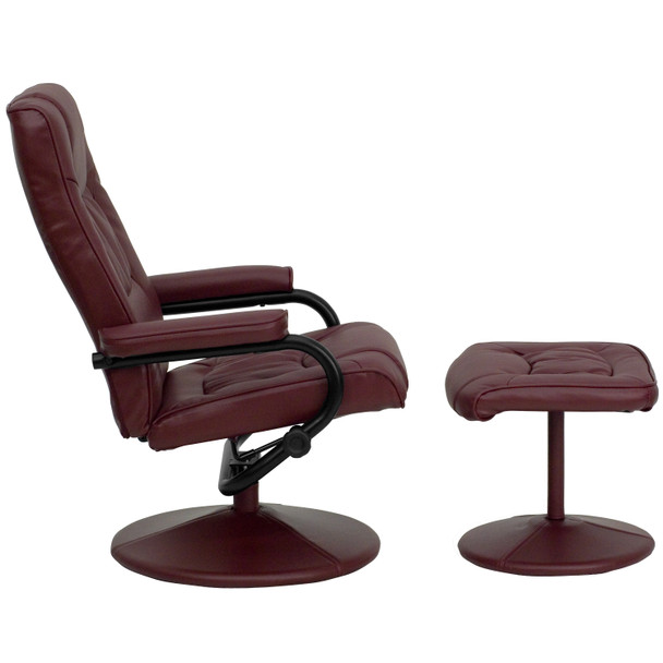 Rachel Contemporary Multi-Position Recliner and Ottoman with Wrapped Base in Burgundy LeatherSoft