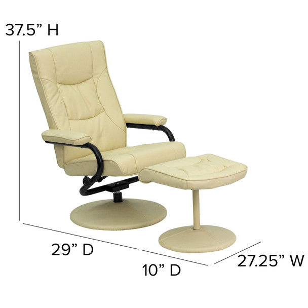 Rachel Contemporary Multi-Position Recliner and Ottoman with Wrapped Base in Cream LeatherSoft