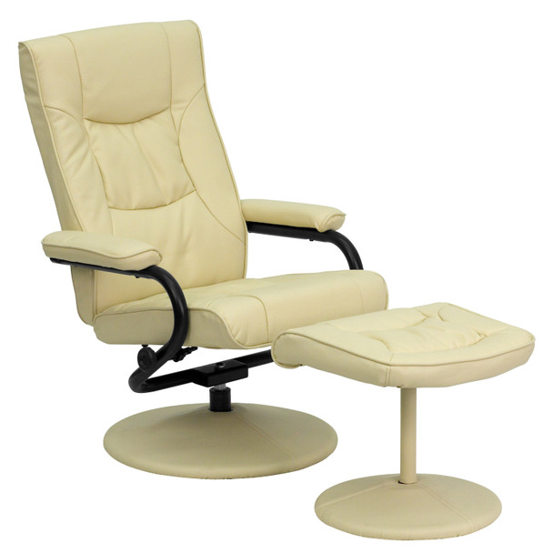 Rachel Contemporary Multi-Position Recliner and Ottoman with Wrapped Base in Cream LeatherSoft
