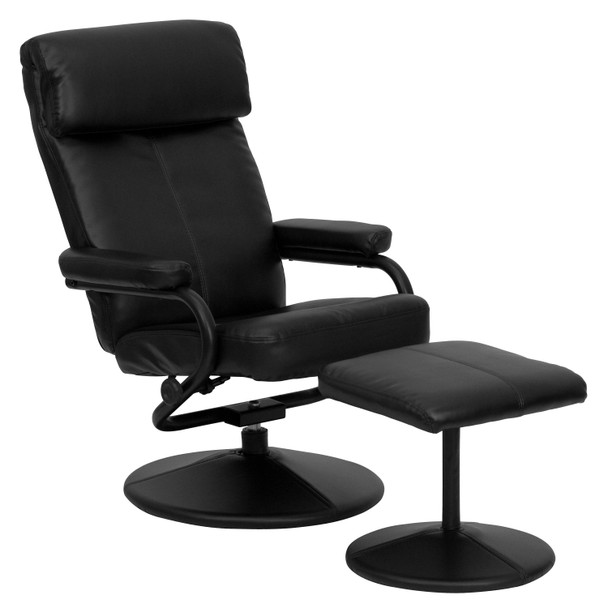 Jenny Contemporary Multi-Position Headrest Recliner and Ottoman with Wrapped Base in Black LeatherSoft