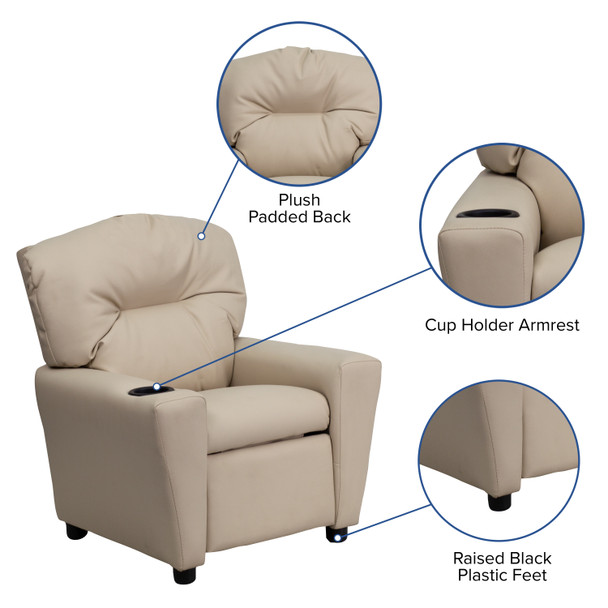 Chandler Contemporary Beige Vinyl Kids Recliner with Cup Holder