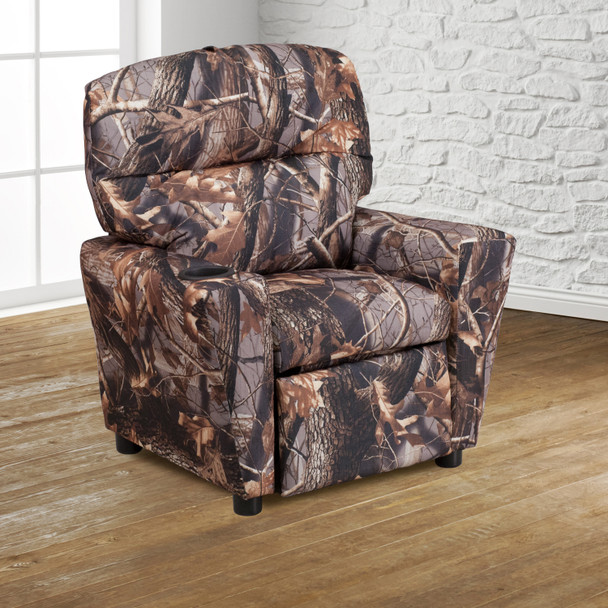 Chandler Contemporary Camouflaged Fabric Kids Recliner with Cup Holder