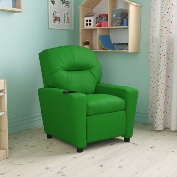 Chandler Contemporary Green Vinyl Kids Recliner with Cup Holder