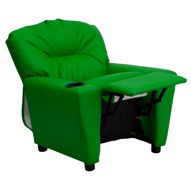 Chandler Contemporary Green Vinyl Kids Recliner with Cup Holder