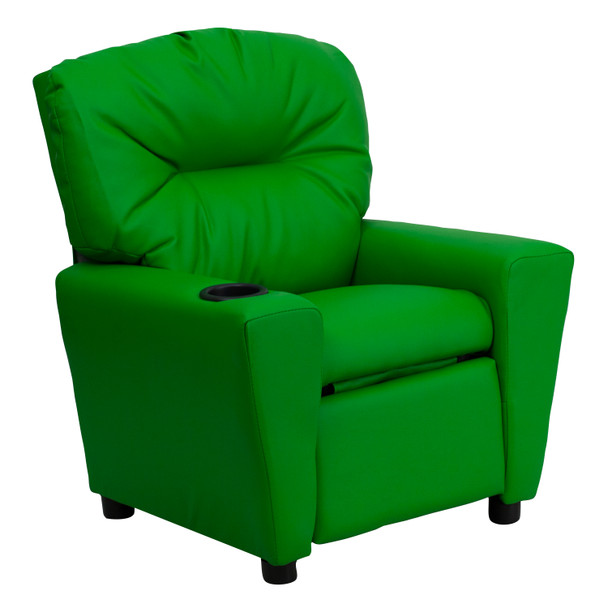 Chandler Contemporary Green Vinyl Kids Recliner with Cup Holder