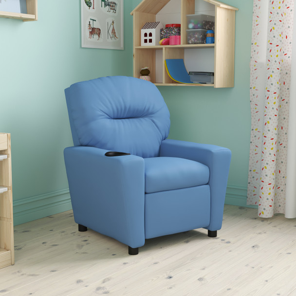 Chandler Contemporary Light Blue Vinyl Kids Recliner with Cup Holder