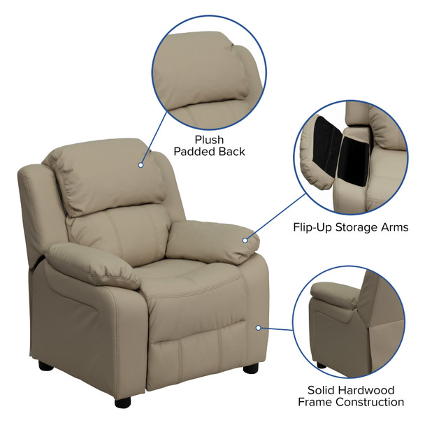 Charlie Deluxe Padded Contemporary Beige Vinyl Kids Recliner with Storage Arms