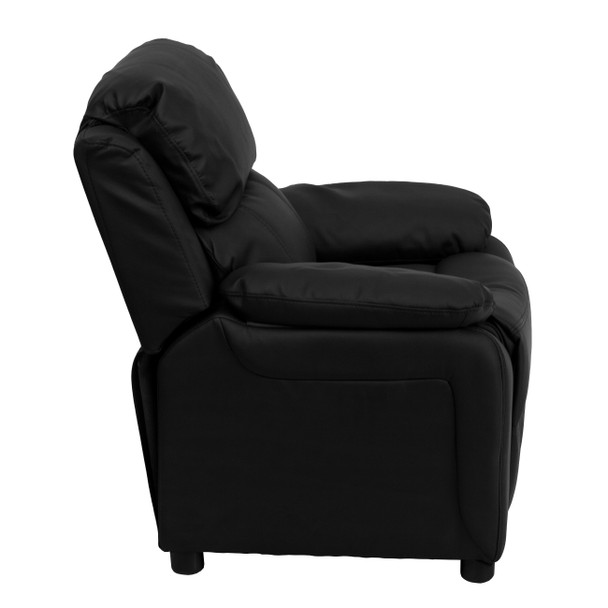 Charlie Deluxe Padded Contemporary Black LeatherSoft Kids Recliner with Storage Arms