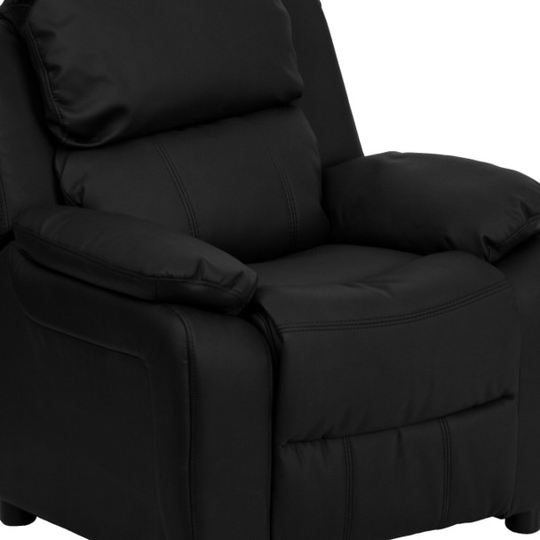 Charlie Deluxe Padded Contemporary Black LeatherSoft Kids Recliner with Storage Arms