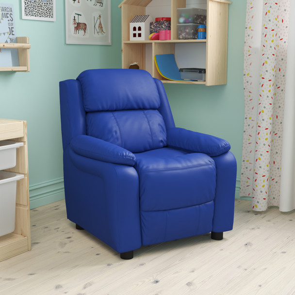 Charlie Deluxe Padded Contemporary Blue Vinyl Kids Recliner with Storage Arms