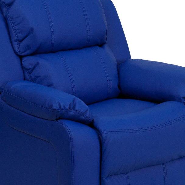 Charlie Deluxe Padded Contemporary Blue Vinyl Kids Recliner with Storage Arms