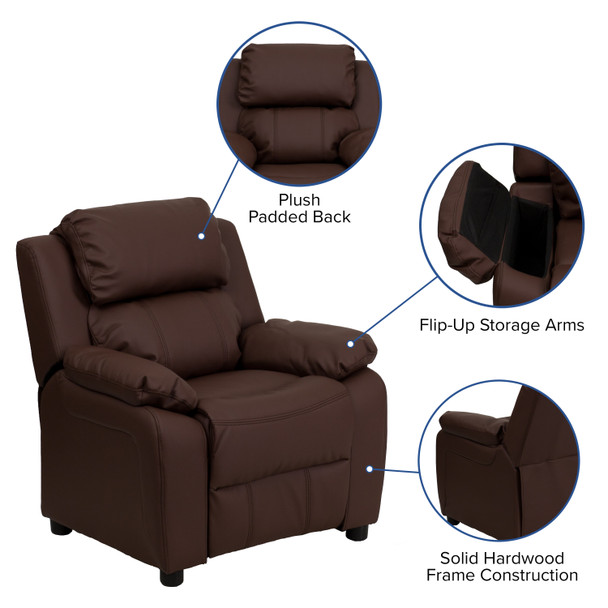 Charlie Deluxe Padded Contemporary Brown LeatherSoft Kids Recliner with Storage Arms