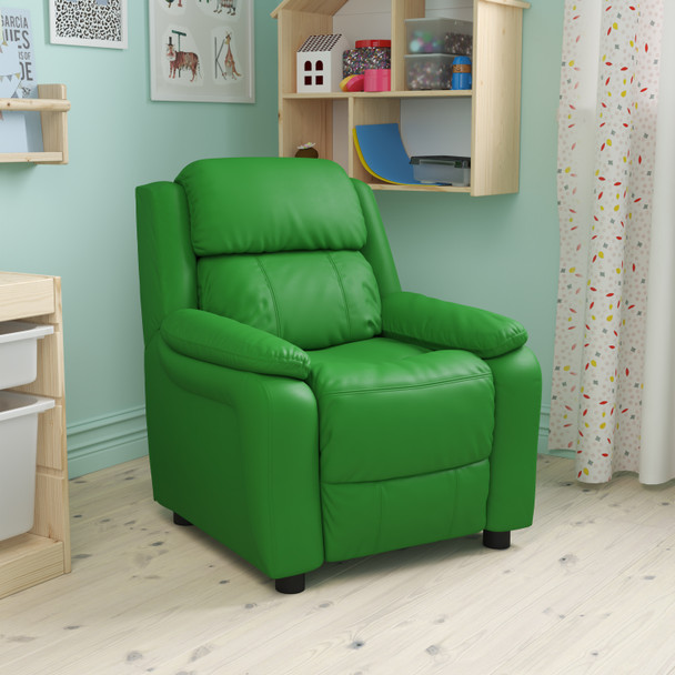 Charlie Deluxe Padded Contemporary Green Vinyl Kids Recliner with Storage Arms