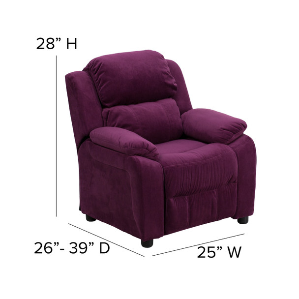 Charlie Deluxe Padded Contemporary Purple Microfiber Kids Recliner with Storage Arms