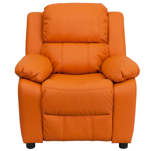 Charlie Deluxe Padded Contemporary Orange Vinyl Kids Recliner with Storage Arms