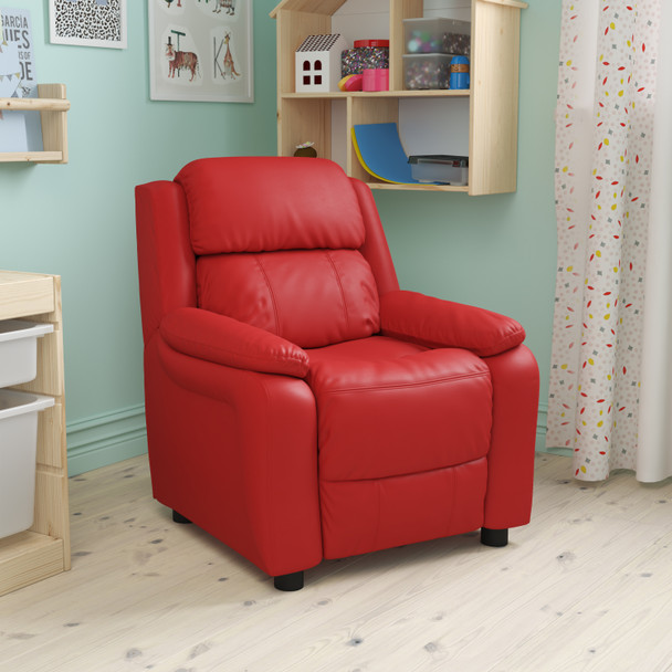 Charlie Deluxe Padded Contemporary Red Vinyl Kids Recliner with Storage Arms