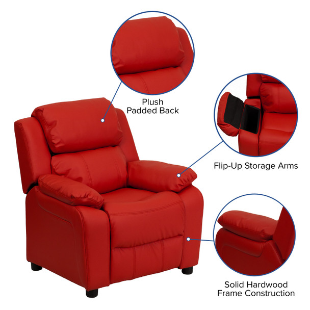Charlie Deluxe Padded Contemporary Red Vinyl Kids Recliner with Storage Arms
