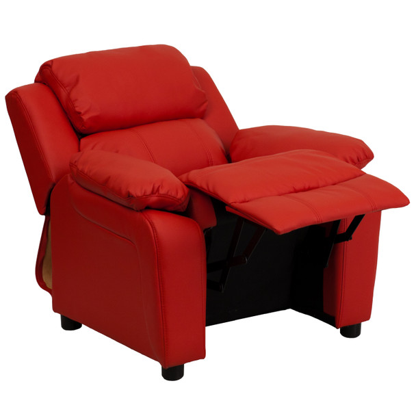 Charlie Deluxe Padded Contemporary Red Vinyl Kids Recliner with Storage Arms