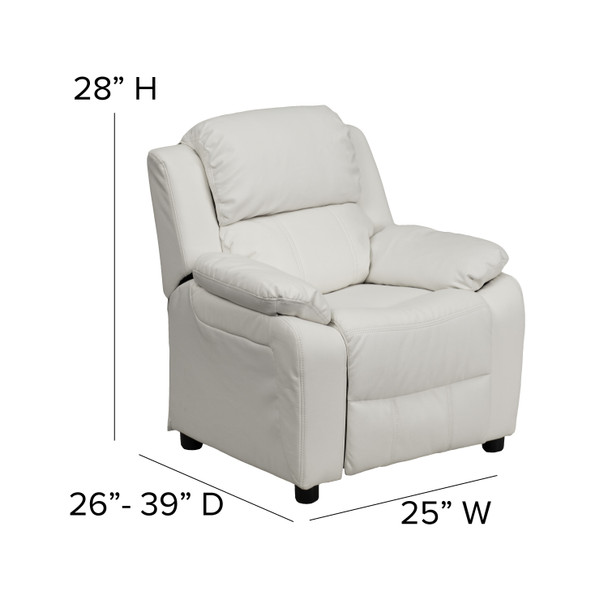 Charlie Deluxe Padded Contemporary White Vinyl Kids Recliner with Storage Arms