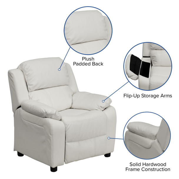 Charlie Deluxe Padded Contemporary White Vinyl Kids Recliner with Storage Arms