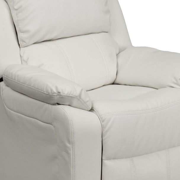 Charlie Deluxe Padded Contemporary White Vinyl Kids Recliner with Storage Arms