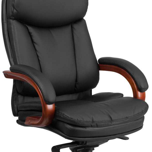 Hansel High Back Black LeatherSoft Executive Ergonomic Office Chair with Synchro-Tilt Mechanism, Mahogany Wood Base and Arms