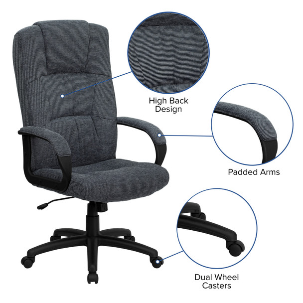 Rochelle High Back Gray Fabric Executive Swivel Office Chair with Arms