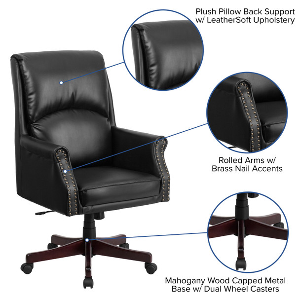 Hansel High Back Pillow Back Black LeatherSoft Executive Swivel Office Chair with Arms