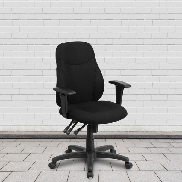 Brandy Mid-Back Black Fabric Multifunction Swivel Ergonomic Task Office Chair with Adjustable Arms