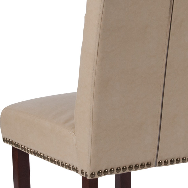 HERCULES Series Beige LeatherSoft Parsons Chair with Rolled Back, Accent Nail Trim and Walnut Finish