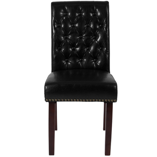 HERCULES Series Black LeatherSoft Parsons Chair with Rolled Back, Accent Nail Trim and Walnut Finish