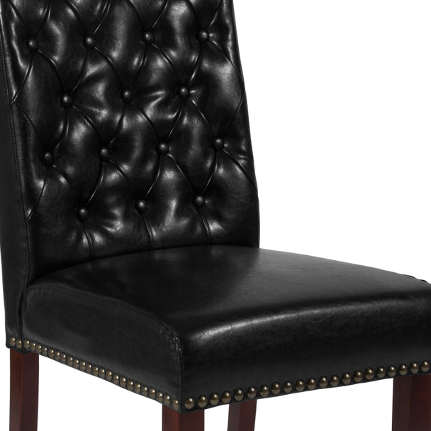 HERCULES Series Black LeatherSoft Parsons Chair with Rolled Back, Accent Nail Trim and Walnut Finish