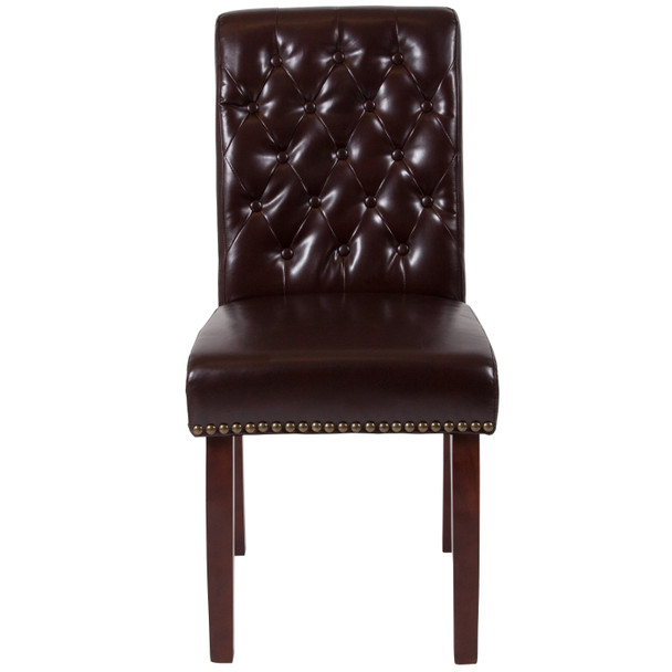 HERCULES Series Brown LeatherSoft Parsons Chair with Rolled Back, Accent Nail Trim and Walnut Finish