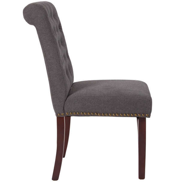 HERCULES Series Dark Gray Fabric Parsons Chair with Rolled Back, Accent Nail Trim and Walnut Finish