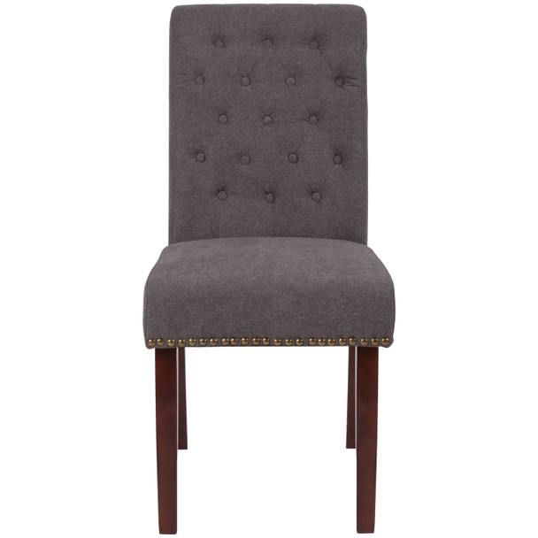 HERCULES Series Dark Gray Fabric Parsons Chair with Rolled Back, Accent Nail Trim and Walnut Finish