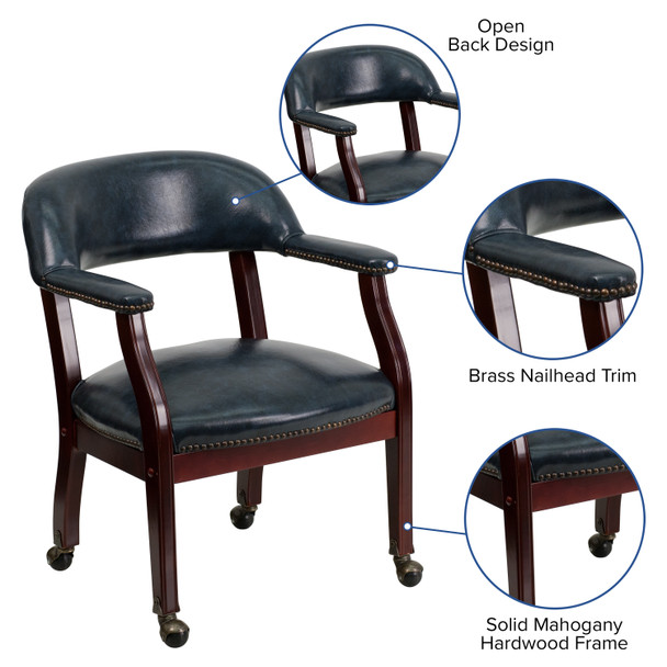 Sarah Navy Vinyl Luxurious Conference Chair with Accent Nail Trim and Casters