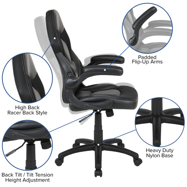 X10 Gaming Chair Racing Office Ergonomic Computer PC Adjustable Swivel Chair with Flip-up Arms, Black LeatherSoft