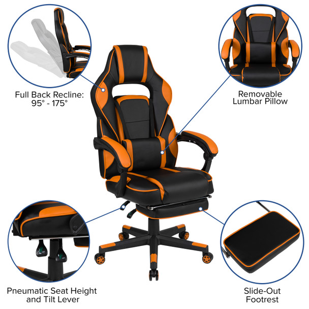 X40 Gaming Chair Racing Ergonomic Computer Chair with Fully Reclining Back/Arms, Slide-Out Footrest, Massaging Lumbar - Black/Orange