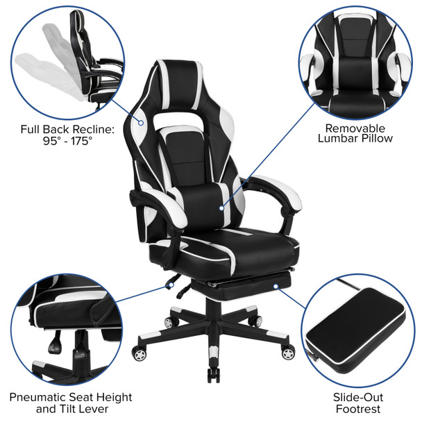 X40 Gaming Chair Racing Ergonomic Computer Chair with Fully Reclining Back/Arms, Slide-Out Footrest, Massaging Lumbar - White