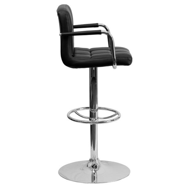 Genna Contemporary Black Quilted Vinyl Adjustable Height Barstool with Arms and Chrome Base