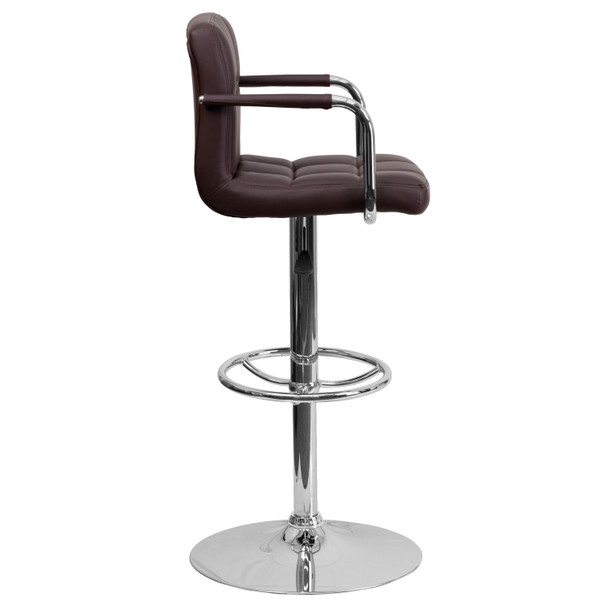 Genna Contemporary Brown Quilted Vinyl Adjustable Height Barstool with Arms and Chrome Base