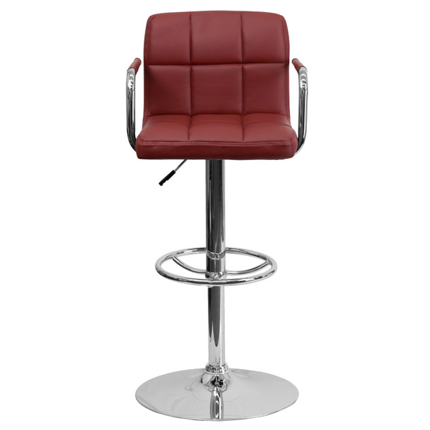 Genna Contemporary Burgundy Quilted Vinyl Adjustable Height Barstool with Arms and Chrome Base