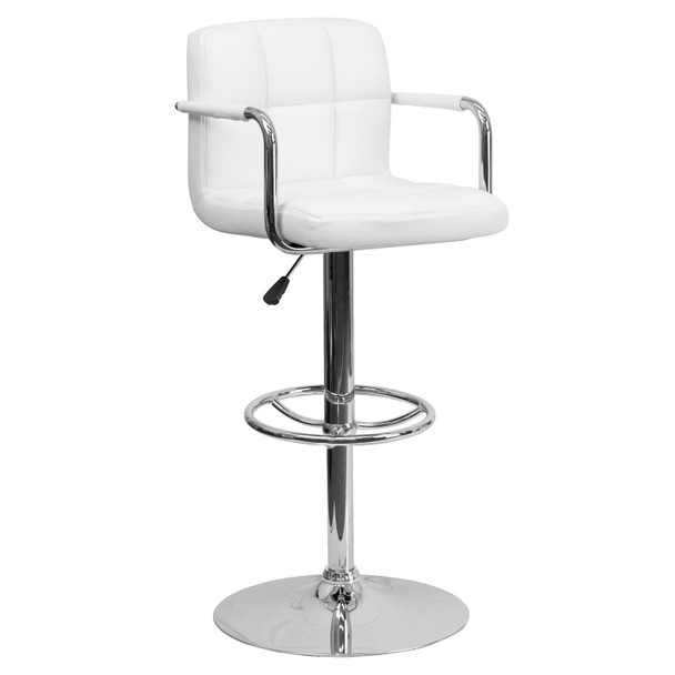 Genna Contemporary White Quilted Vinyl Adjustable Height Barstool with Arms and Chrome Base