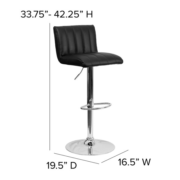 Genevieve Contemporary Black Vinyl Adjustable Height Barstool with Vertical Stitch Back/Seat and Chrome Base